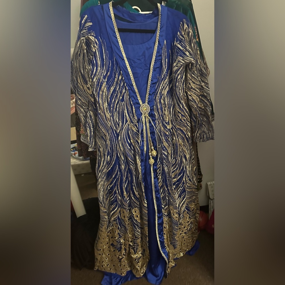 Blue and Gold Embellished jacket style Dress